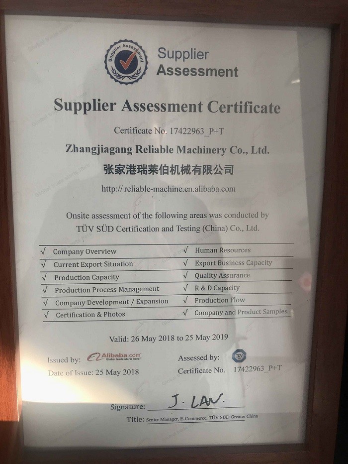 China Zhangjiagang Reliable Machinery Co., Ltd Сертификации
