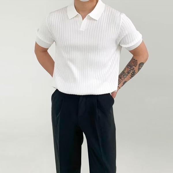 2024 Verão Moda Elegante Trendy Quarter Manga Plain Polo Collar T-shirt para Homens
