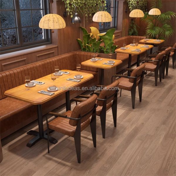New Arrival Commercial Restaurant Furniture Dining Table Set with PU Leather Armchairs Square Wood Table for Cafe Bar Hotel