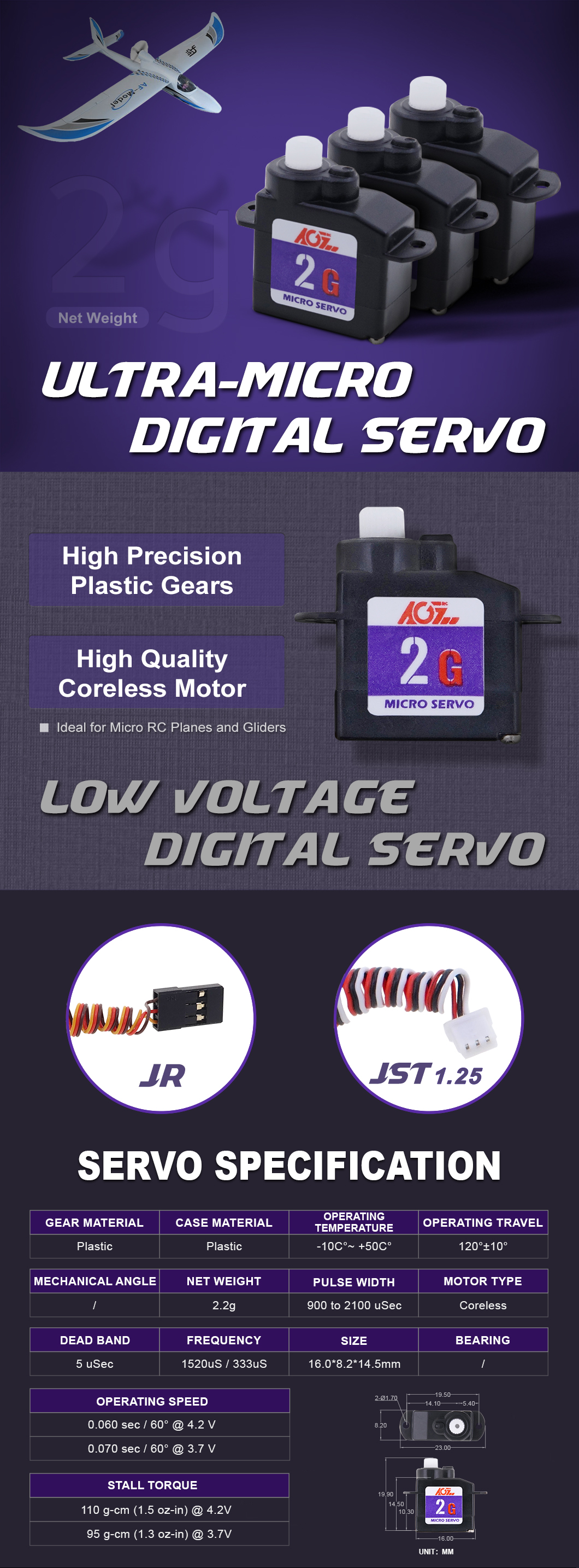 New AGFRC Factory Price 2.2g 120 Degree Plastic Gear 0.11KG 4.2V Durable Coreless Digital Mini RC Aircraft Robot Servo