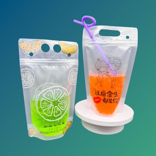 Custom Heavy Duty Hand-Held Matte Translucent Reclosable Stand Up Plastic Drink Pouches Bags with Zipper and Straws