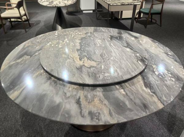 Italian Palissandro Blue Marble Round Dining Table with Polished Surface and Gray Blue White Veins