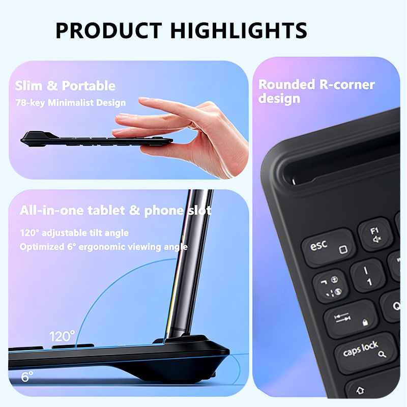 ODM/OEM&Custom Packaging Ultra Slim 78 Key Wireless BT Keyboard with 11 Holder 1000mAh Big Battery&Quiet Keys
