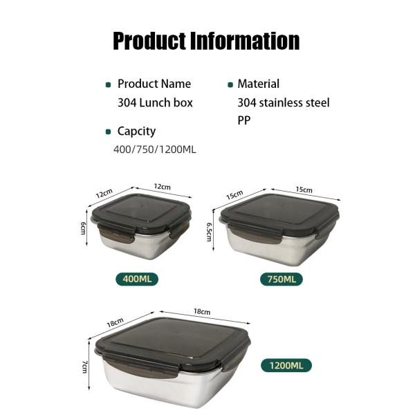 Rectangle 400/750/1200ml Stainless Steel Bento Lunch Box Set with Locking Lids and Durable