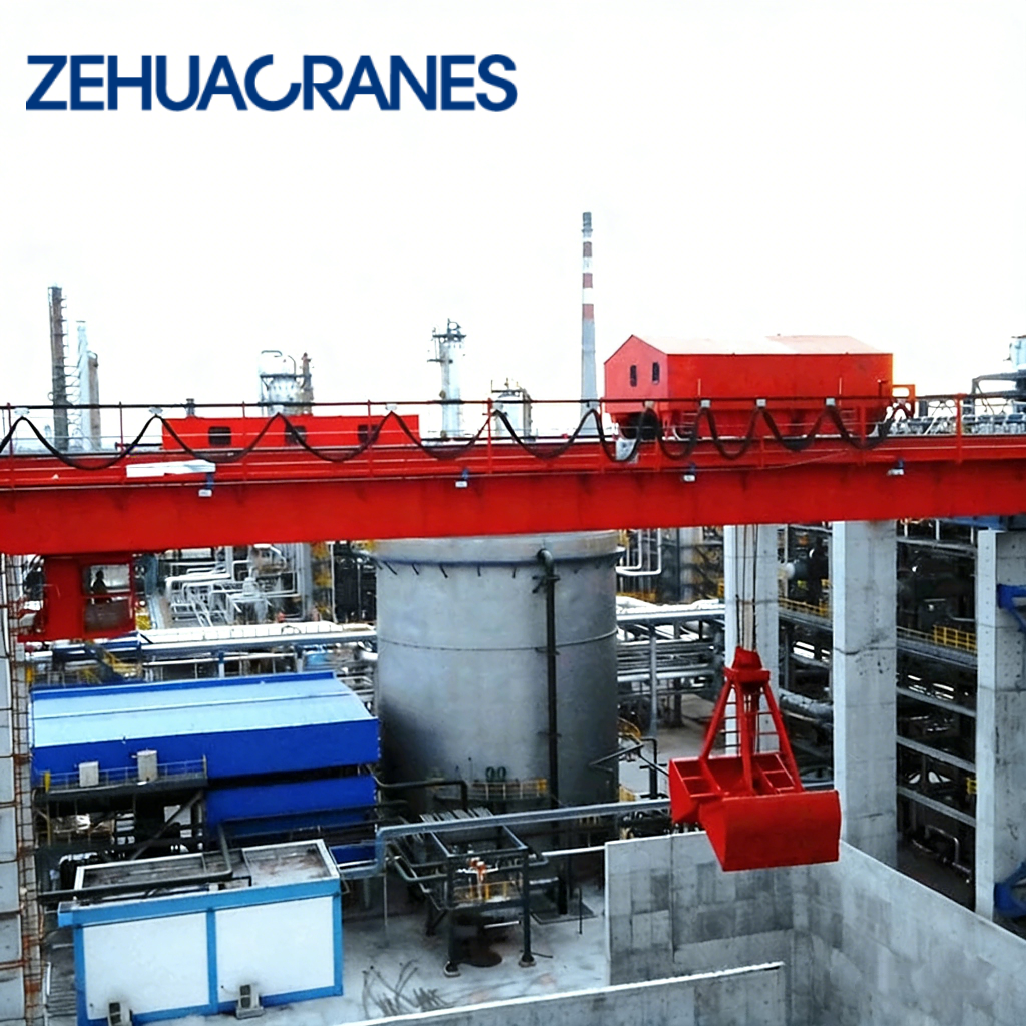 Zehua Intelligent Double Girder Overhead Crane PLC Control Customizable Span with Clamshell Grab for Cement Handling