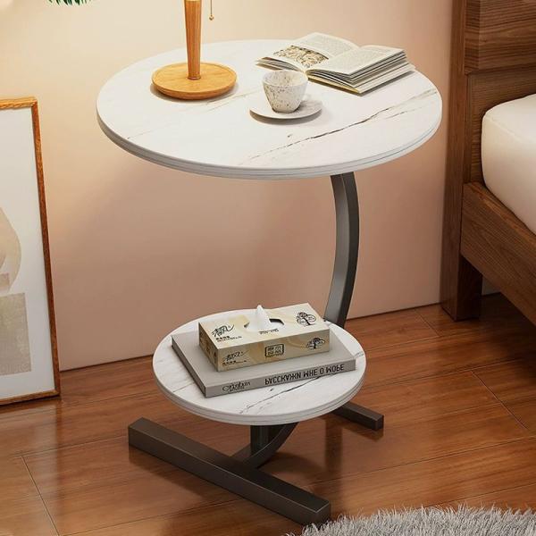 2-Tier Round Sofa Side Faux Marble End Table, Beside with Storage Shelf C-Shaped Legs, Nightstand for Living