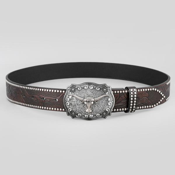 Unisex Vintage Cow Head Embossed PU Leather Belt with Buckle Fastening Western Rivet Belt