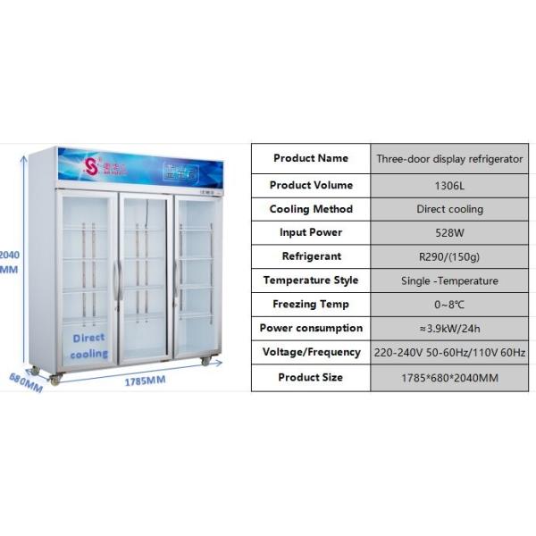 1306L Fresh Keeping Commercial Display Refrigerator Réfrigérateur à refroidissement direct Réfrigérateur à affichage 3 portes