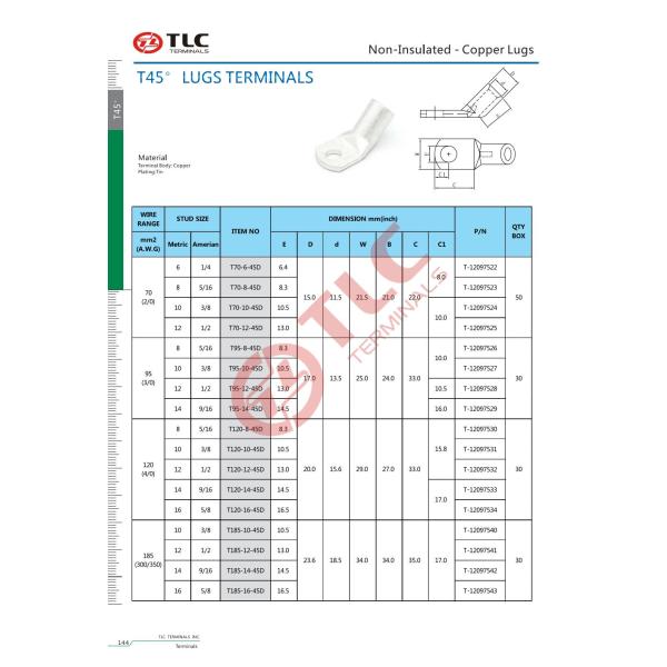 70-185mm2 45 Degree Copper Cable Lug Tube Terminal Lugs 45D Copper Cable Lug