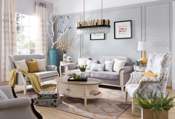 Lobby Sofa Set of European leisure style Fabric upholstered sofa chairs used wood in white painting