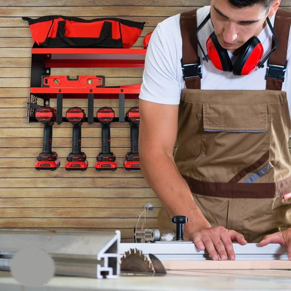 Carbon Steel 3 Tiers Power Tool Organizer With 5 Slots Drill Holder Wall Mount Heavy Duty Metal Tool Shelf