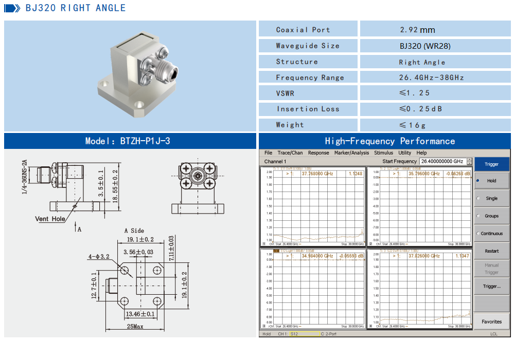 WR28 BJ320 Right Angle Waveguide to 2.92mm K Type Coaxial Adapter 26.4GHz-38GHz Ka Band Aerospace Grade RF Waveguide Coax Transition Connector