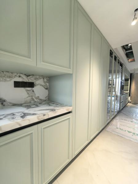 Fadior Full Stainless Steel Custom Kitchen Cabinet - Elegant White & Mint Green, Island Layout