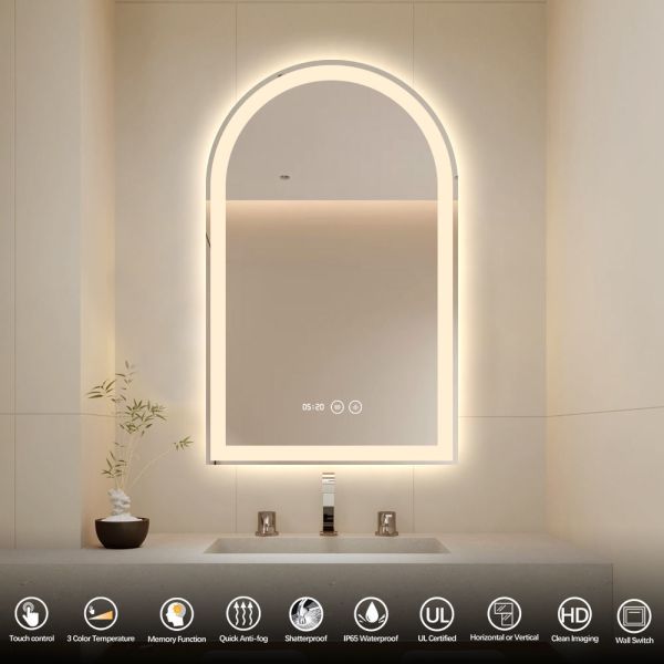 LED Light Backlit Arch Bathroom Mirror , Asymmetrical LED Bathroom Mirror
