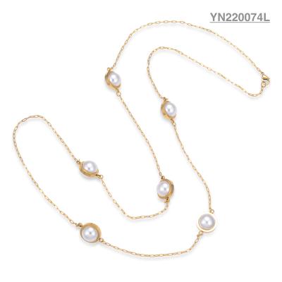 CE Ladies Stainless Steel Layered Necklace Pearl Inlay Long Pendant Necklace