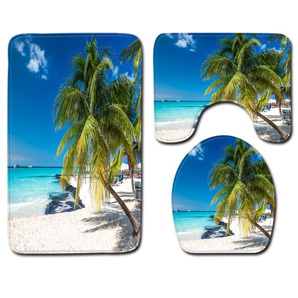 Washable 3 Piece Toilet Mat Set Sea And Sand Beach Scene Bath Mat