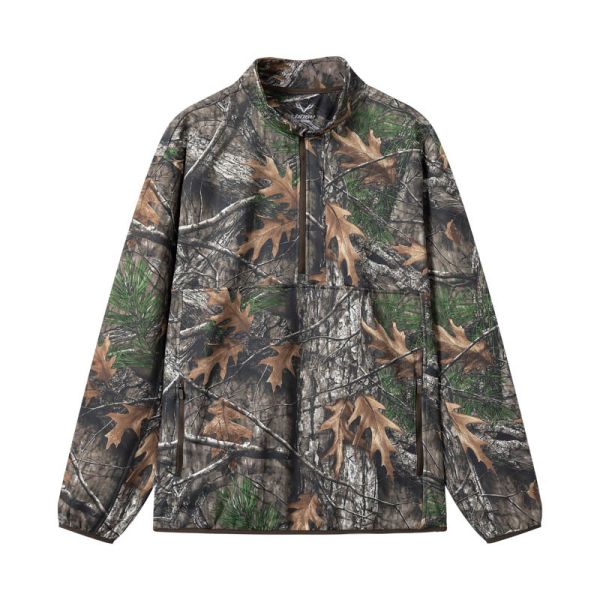 Men's Realistic Woodland Camouflage Hunting Jacket with 100% Polyester Shell and Fleece-Lined Warmth Quarter Zip Pullover