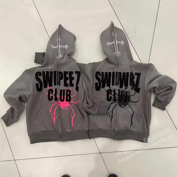 Applique Embroidery Patches Rhinestone Custom Hoodies Full Zip Rhinestone Hoodie