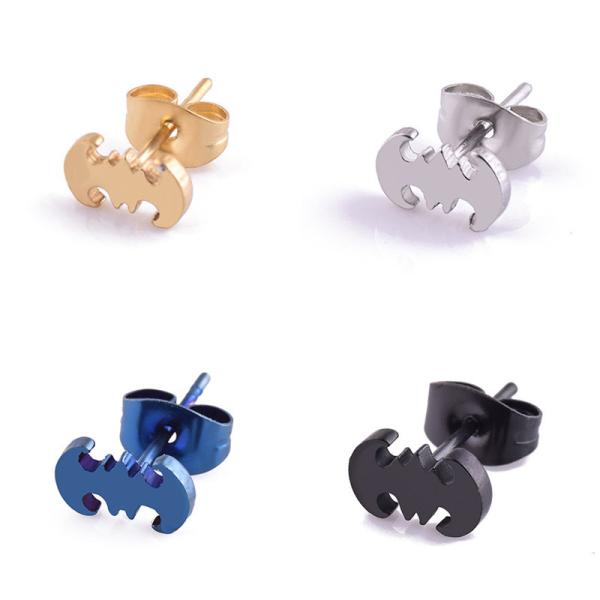 Punk Silver Gold Black Stainless Steel Batman Stud Earrings Cute Brincos Barbell Jewelry For Men Women