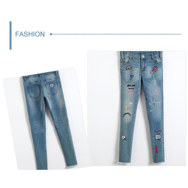 Stretch Girls Denim Clothes Jean Trousers With Custom Color Printed Embroidered Patch