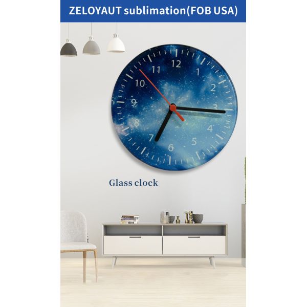 ZELOYAUT Sublimation Glass Round Clocks Blank Wall Glass Clock DIY Personalized Custom Logo Print Sublimation Blanks
