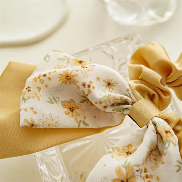 Floral double bow scrunchie girls lady rubber band high appearance horizontal tie hair rope streamer headstring