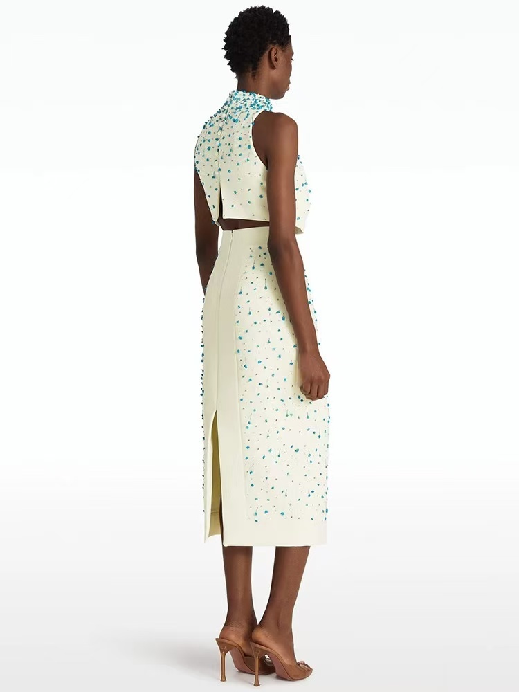 Elegant Women's Beaded Crop Top & Midi Skirt Set with Hand-Applied Bead Decoration and High-Waisted Design