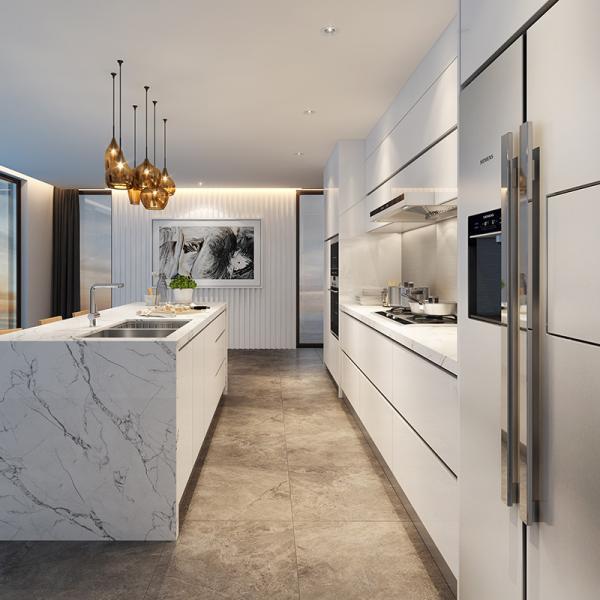 Wood Veneer Modular Kitchen Cabinets 18mm Melamine Board Marble Top Cupboard