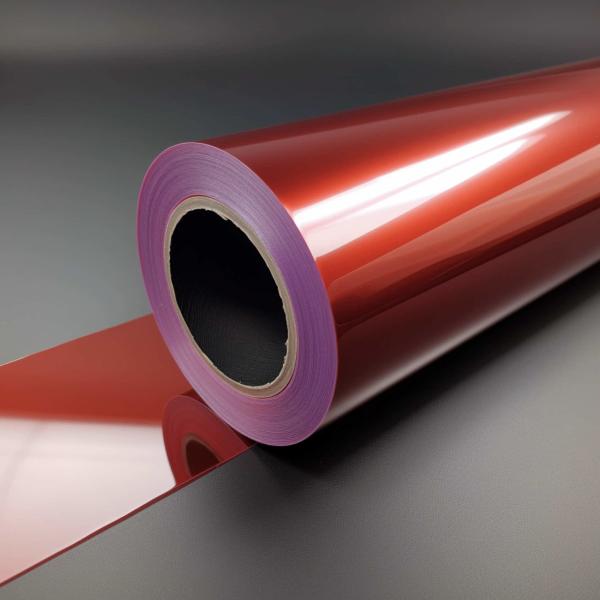 Une couche de film MOPP rouge translucide de 80 μm, destinée à l'emballage alimentaire, à la stratification, aux étiquettes de rubans, aux applications industrielles,