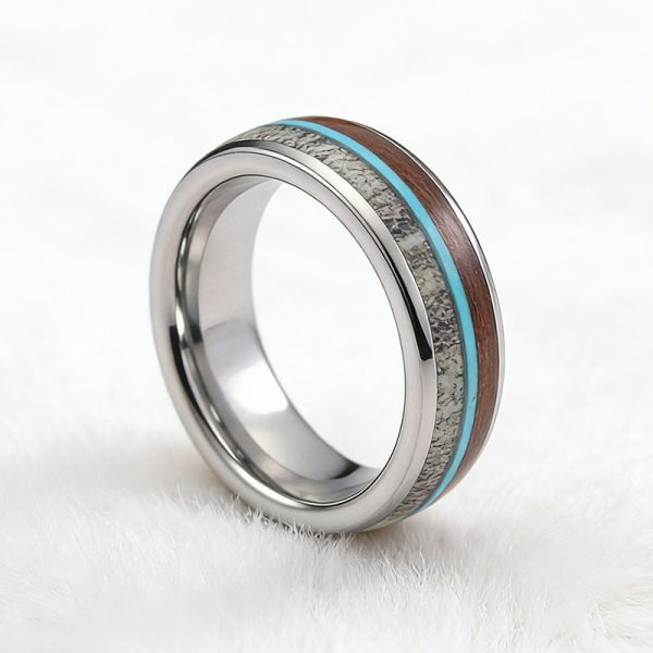 8mm Tungsten Ring with Oval Cut Wooden Antler Deer Inlay - Scratch & Deformation Proof Wedding Band for Men and Women