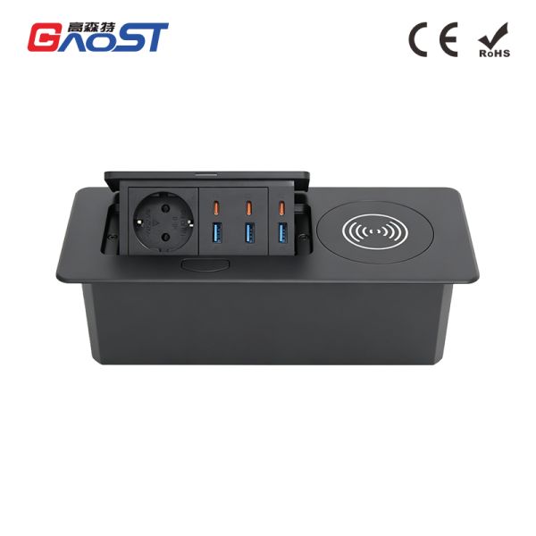 Pop Up Desk Outlet Power Strip With Type C 30W Fast Charger And 15W Wireless Charging Pad