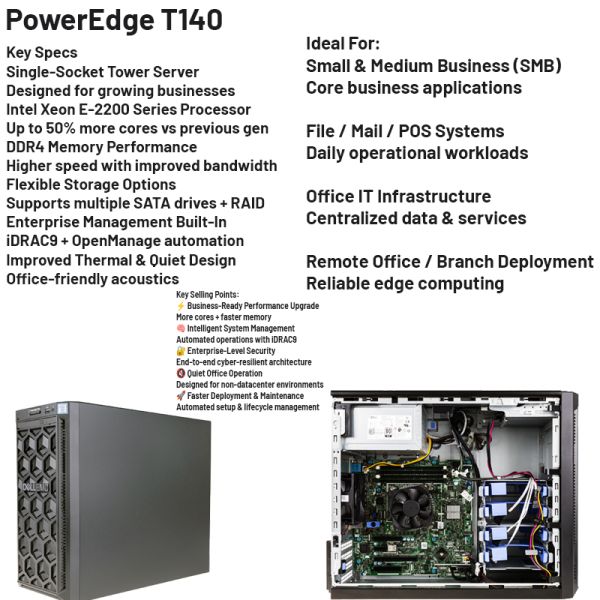 Dell PowerEdge T140 Tower Server with Intel Xeon E-2200 Processor, 4x DDR4 DIMM Slots, and 4 x 3.5