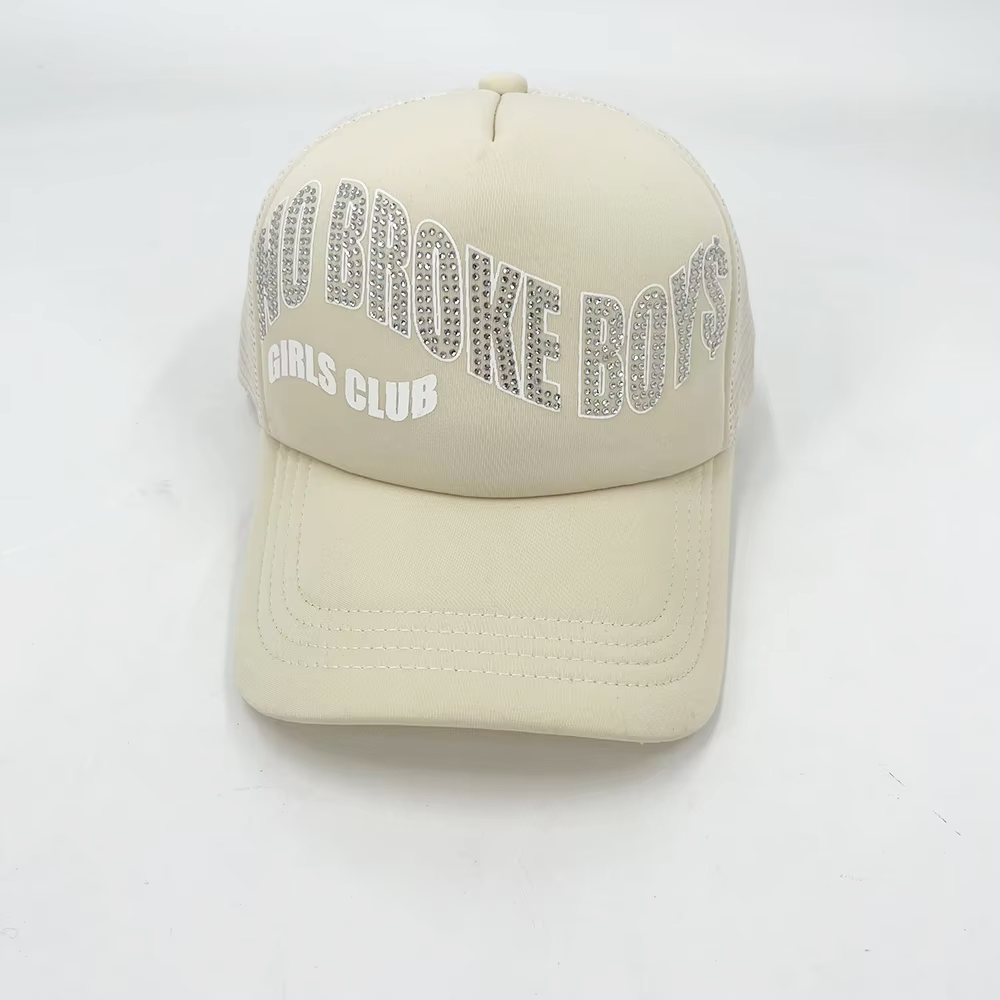 Rhinestone Mesh 5 Panel Trucker Cap Curved Brim For Sport Snapback Cap