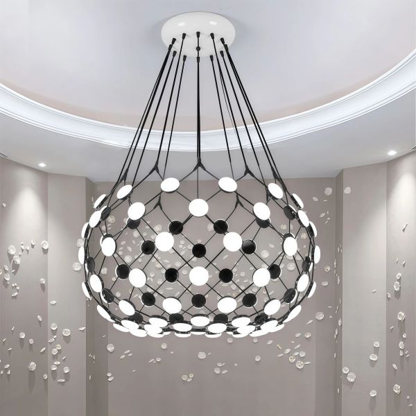 JYLIGHTING Modern Black & White Mesh Chandelier, Geometric Grid LED Pendant Light with Acrylic Discs for Living Room & Dining Room