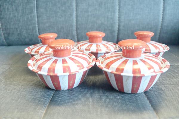 6 Piece bowls & tray serving set red round snack salad serving bowls set with stainless steel tray