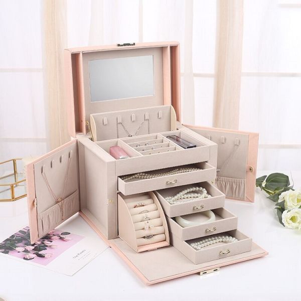 Large Capacity PU Leather Jewelry Boxes With Mirror Custom Logo For Storage Packaging