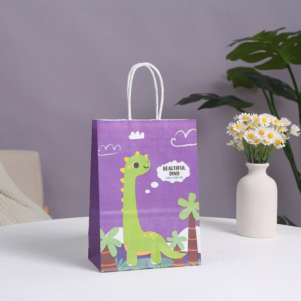 Brown Kraft Paper Dinosaur Hand Printed Cartoon Shopping Bag for Clothing in Shopping Mall