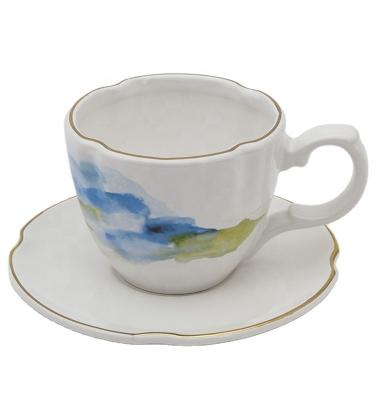 Ceramic Tea Cup And Saucer Set European Style White Stoneware Ceramic Print Coffee Water Mug Cup