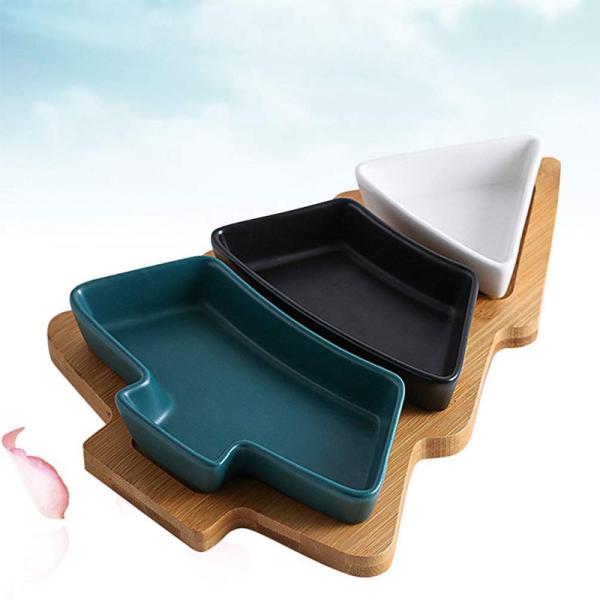 Festive Bamboo Table Tray with Three Removable Ceramic Dishes and Christmas Tree Shape