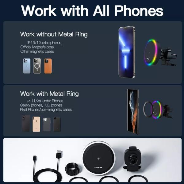 Essager 2022 Ferris Wheel 15W Wireless Charging RGB Ambient Light 360 Rotational Car Charger Holder For Car