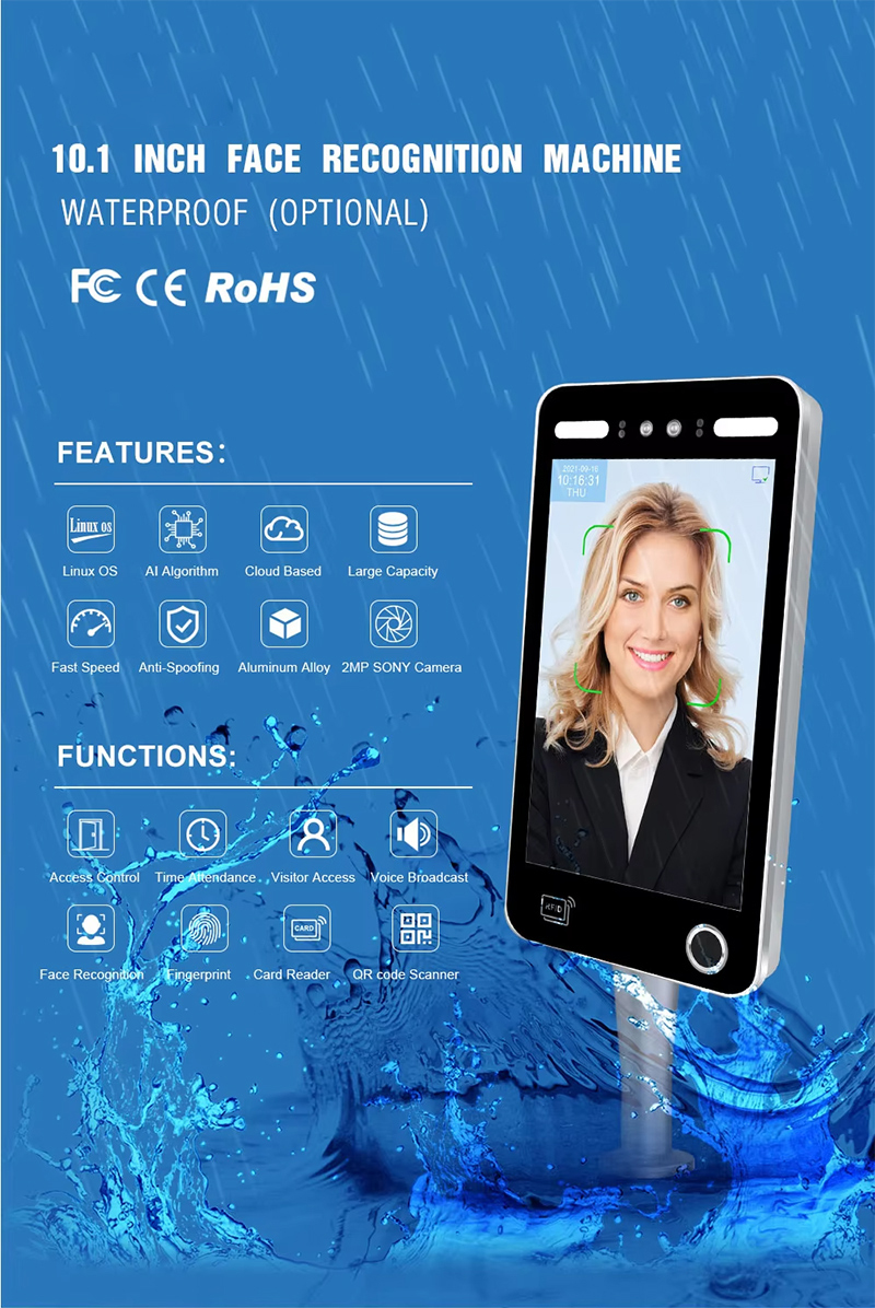 10.1 Inch IPS Screen Biometric Time Attendance Machine Face Recognition Camera IP65 Waterproof Door Lock Access Controlace