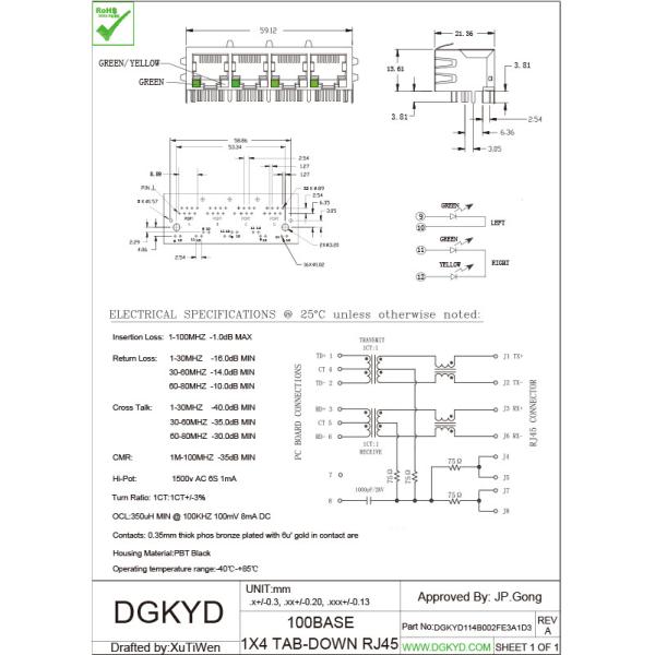 1 x 4 гаван множественных гаван соединителя RJ45 интегрировали основание-Tx Magnetics 100