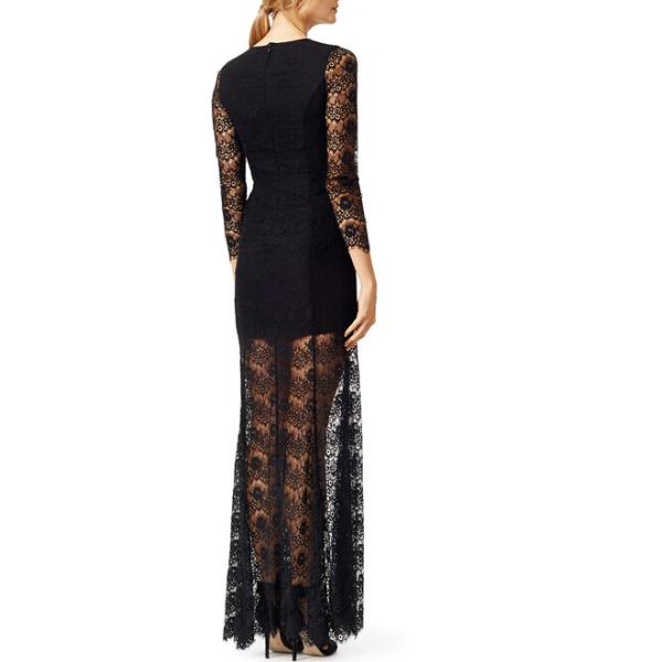 Women Black Sheer Lace Evening Gown Dress With Long Sleeve