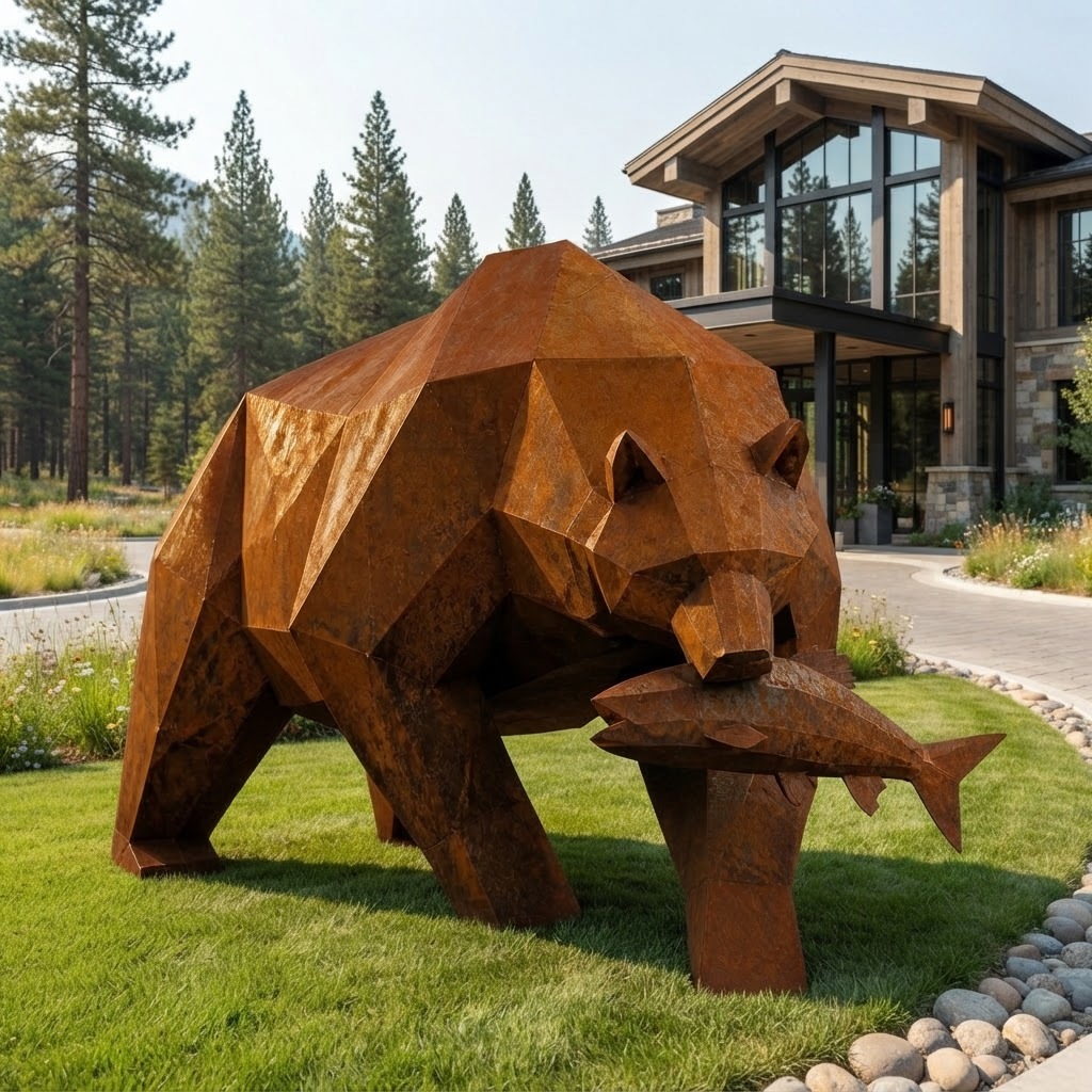 Large Corten Steel Grizzly Bear Sculpture Low Poly Geometric Bear With Fish Statue Outdoor Garden Decor Rusted Metal Lawn Art