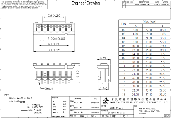 Gold Flash Terminal 2mm Pitch Connector Pin Header Single Rows UL94V-0 PA66 material