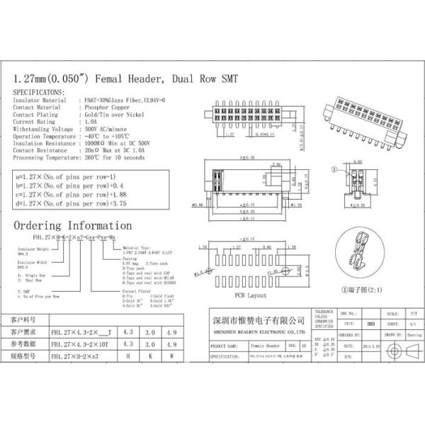 1,27 mm черноты Pin строки 20 женского соединителя заголовка двойной с бортовым столбцом