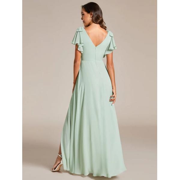 Empire Plus Size V-neck High Split A-line Short Sleeve Zipper Mint Green Chiffon Bridesmaid Dress