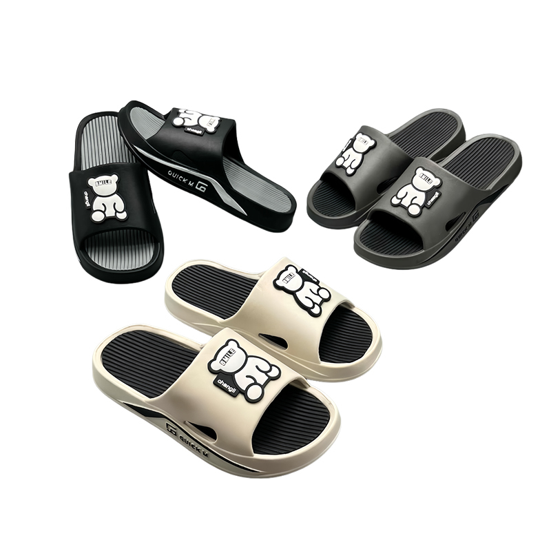 Factory Direct 100% Virgin EVA Men 3D Bear Slides, Striped Massage Insole Thick Sole Non-slip Casual Slippers