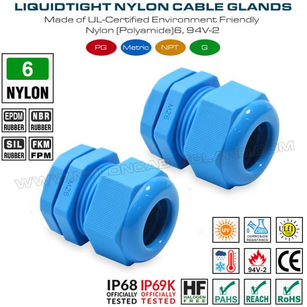Waterproof Cord Connector M25x1.5 Plastic Cable Gland IP68, 13-18mm Range, Nylon (PA) 6, UL746C-f1 Rated, Outdoor Use Waterproof Cord Connector M25x1.5 Plastic Cable Gland IP68, 13-18mm Range, Nylon (PA) 6, UL746C-f1 Rated, Outdoor Use
