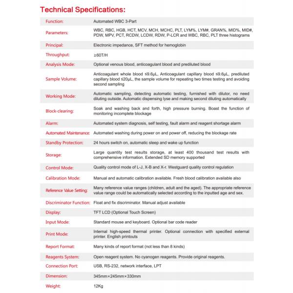 Анализатор клинической гематологии с сенсорным экраном полный автоматический Invbio